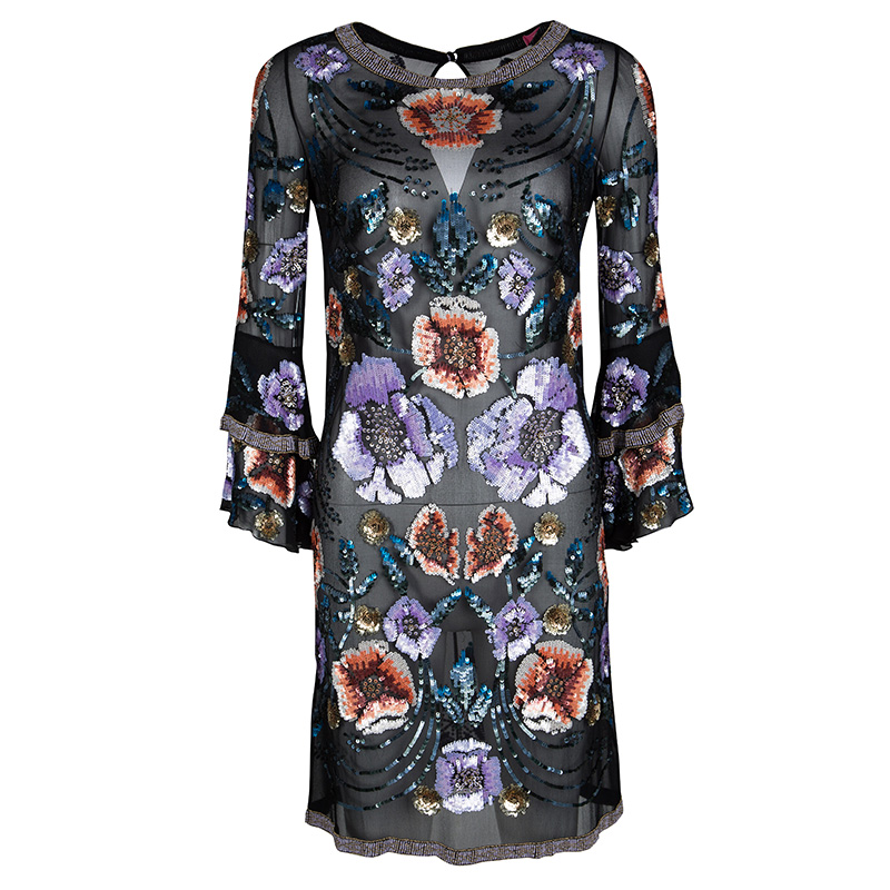 Matthew Williamson Black Silk Floral Pattern Sequin Embellished Dress S