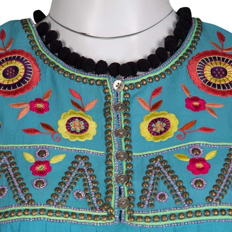Pre-owned Matthew Williamson Escape Blue Floral Embroidered Silk Pom Pom Trim Sleeveless Dress M