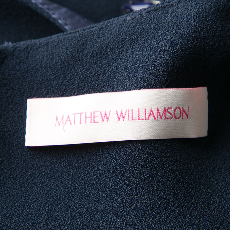 Pre-owned Matthew Williamson Navy Blue Smocked Waist Detail Embellished Neck Sleeveless Dress M
