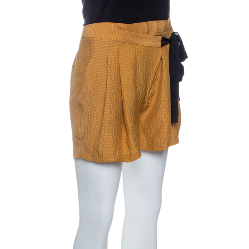 Pre-owned Matthew Williamson Mustard Yellow Textured Tie Detail Faux Wrap Shorts S