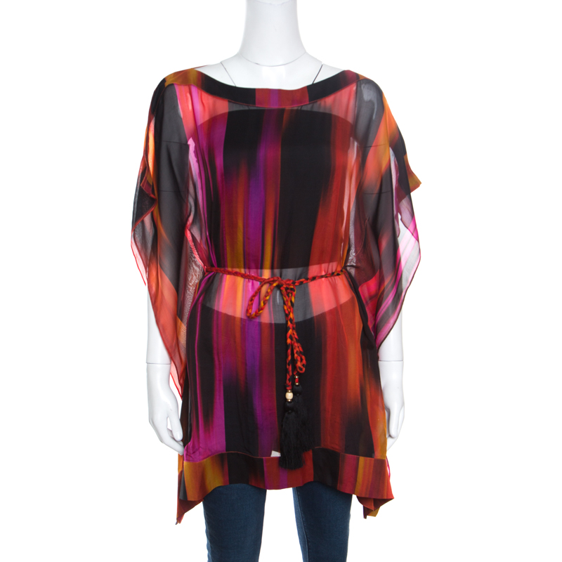 Matthew Williamson Escape Multicolor Printed Sheer Silk Belted Kaftan Tunic S