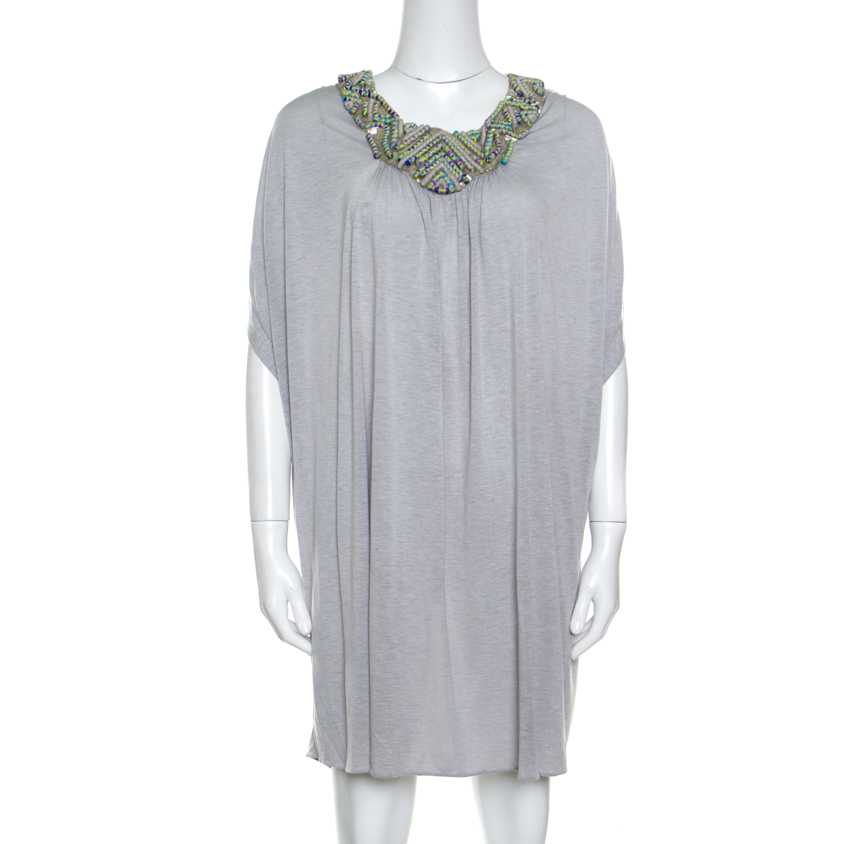 Pre Owned Matthew Williamson Grey Melange Knit Embellished Neckline Detail Boxy Dress M