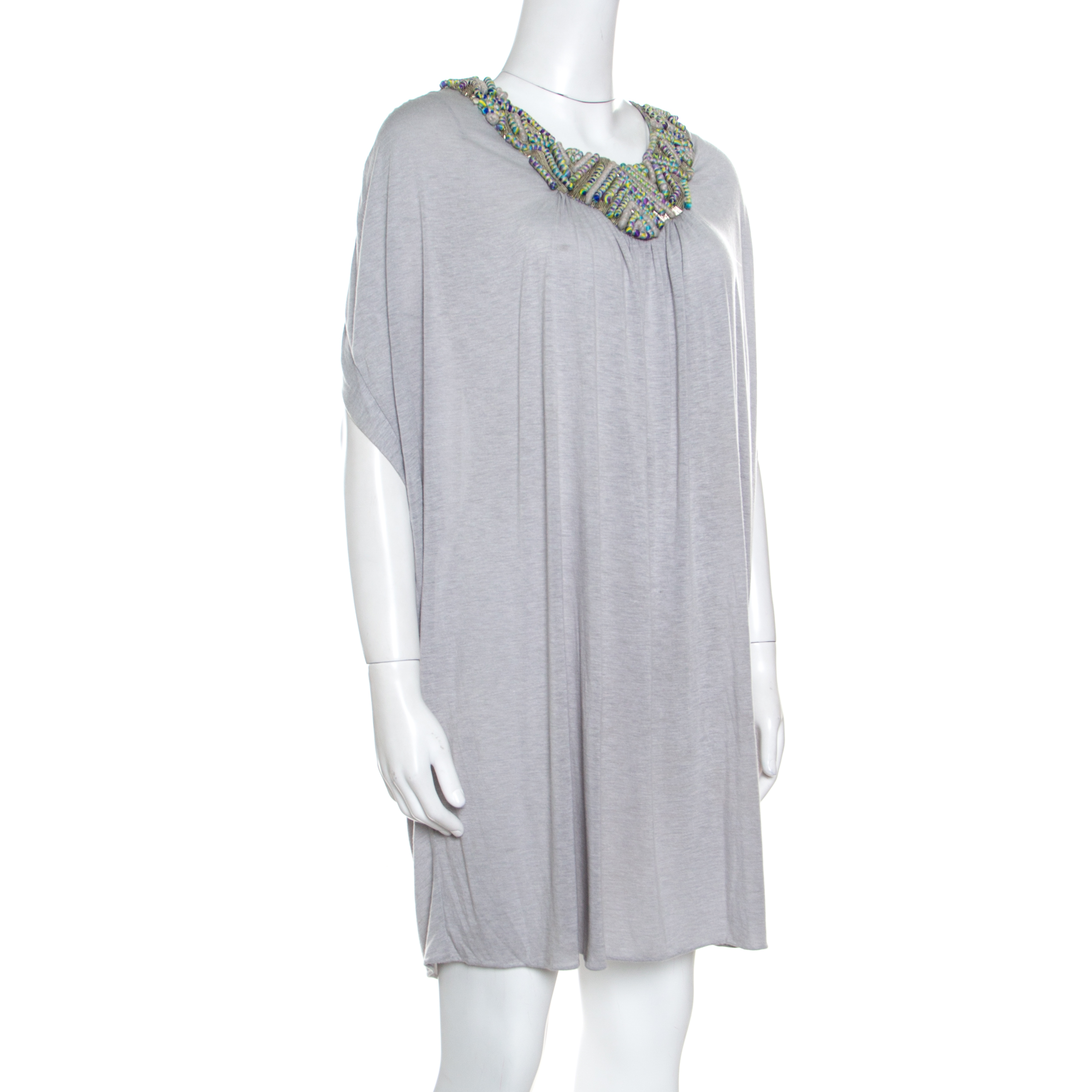 

Matthew Williamson Grey Melange Knit Embellished Neckline Detail Boxy Dress