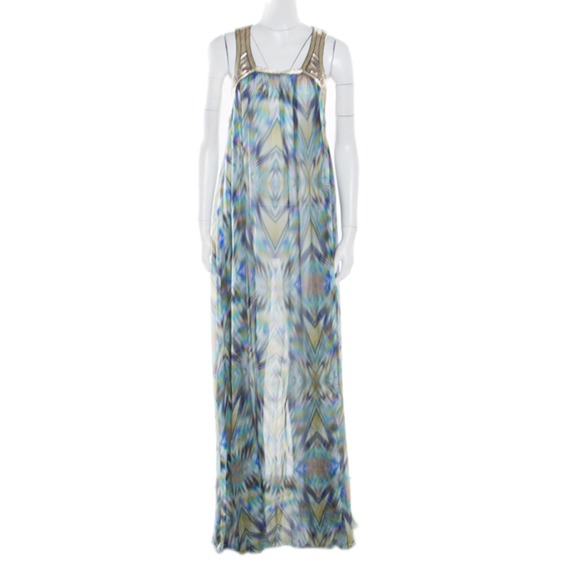 Matthew Williamson Escape Green Sheer Silk Printed Embellished Racerback Dress M