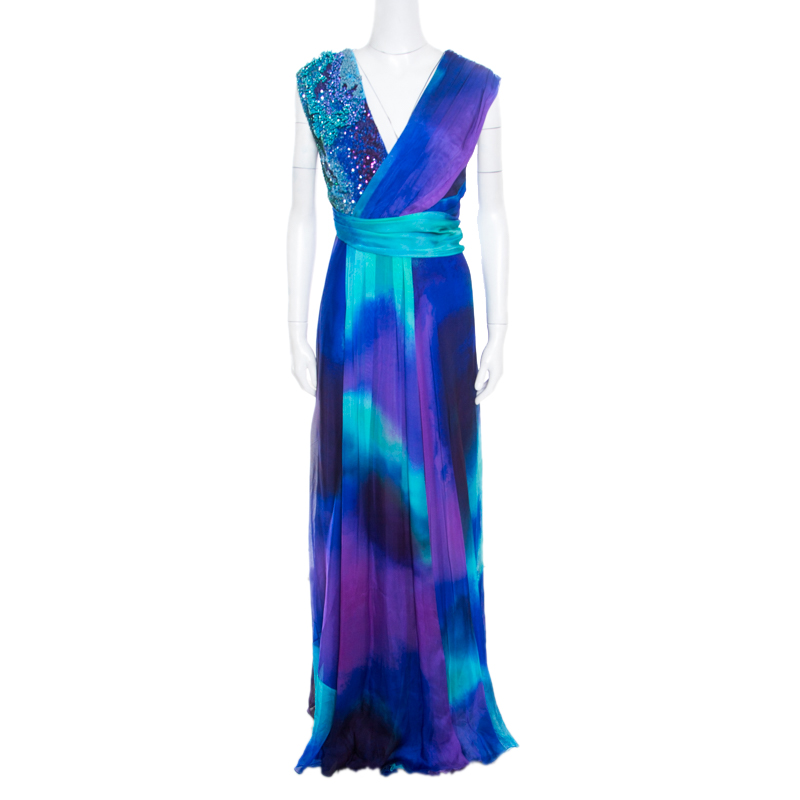 Matthew Williamson Vivid Ocean Print Embellished Silk Gown L
