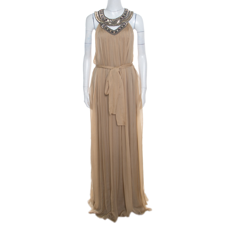 Matthew Williamson Beige Embellished Cutout Neck Detail Belted Gown L