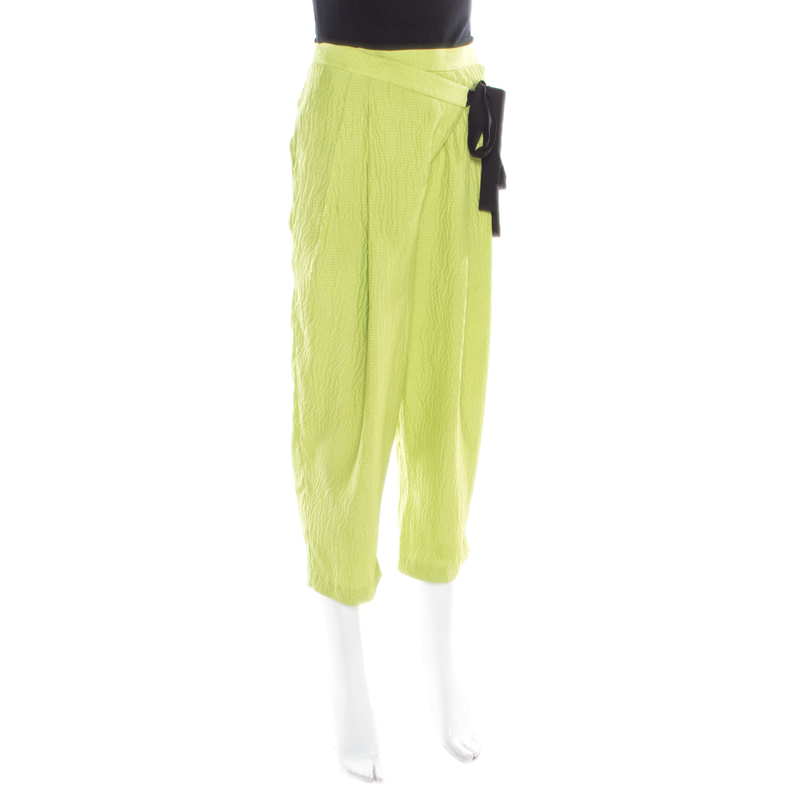 

Matthew Williamson Lime Green Silk Seersucker Faux Wrap Trousers