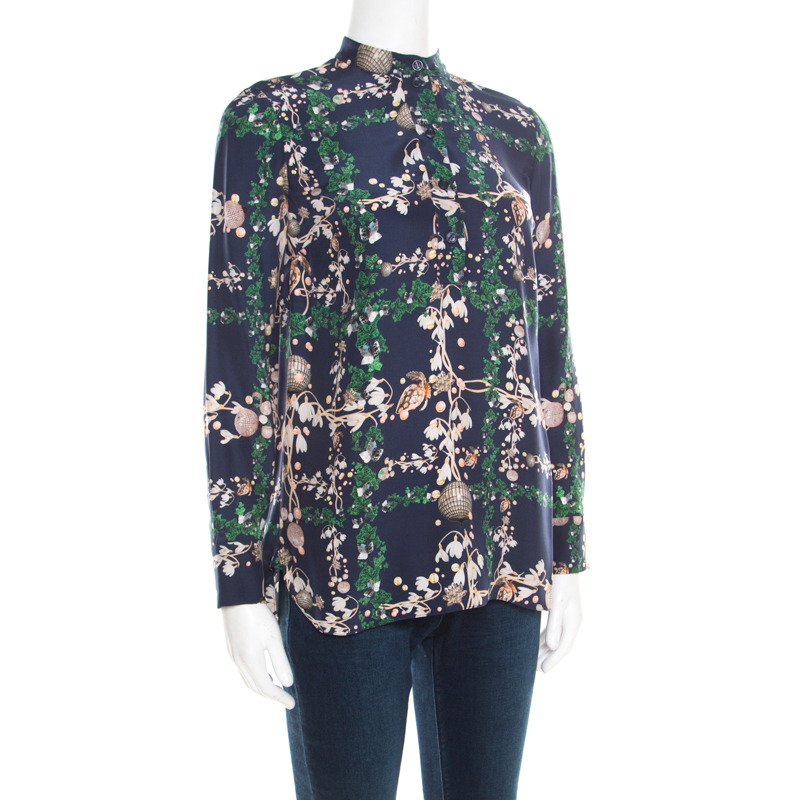 

Matthew Williamson Navy Blue Printed Silk Long Sleeve Blouse