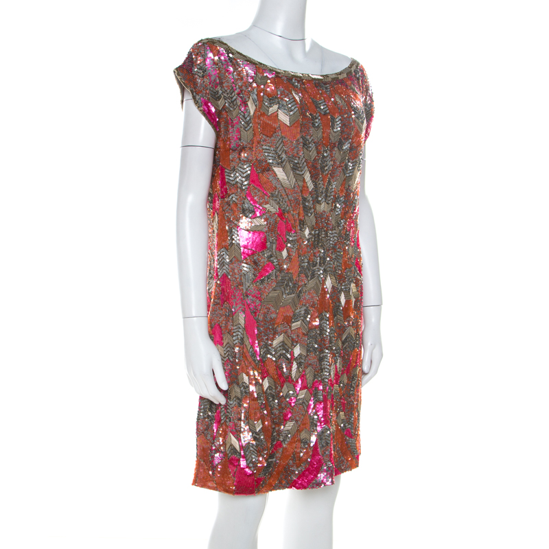 

Mathew Williamson Orange and Pink Sequin Embellished Silk Shift Dress