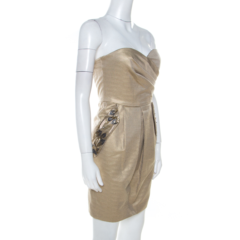 

Matthew Williamson Gold Jacquard Corseted Bodice Embellished Dress