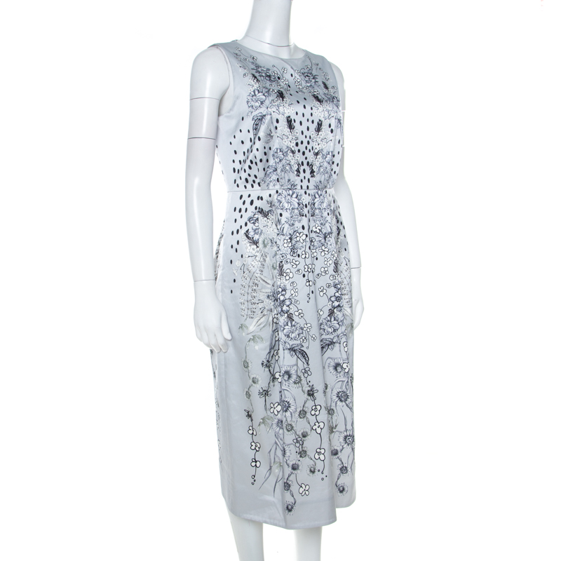Pre-owned Matthew Williamson Grey Floral Print Cotton Blend Sleeveless Dress M
