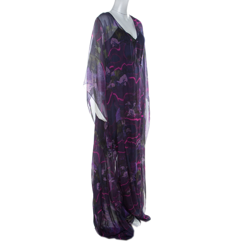 

Matthew Williamson Purple Printed Silk Long Folded Hemline Kaftan Dress