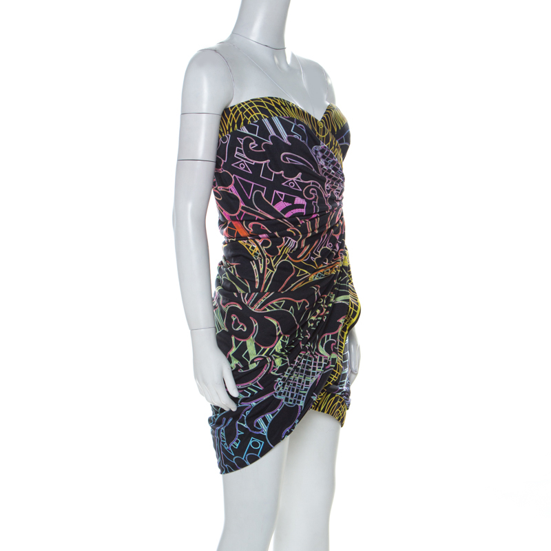 

Mathew Williamson Black and Neon Baroque Printed Silk Strapless Dress