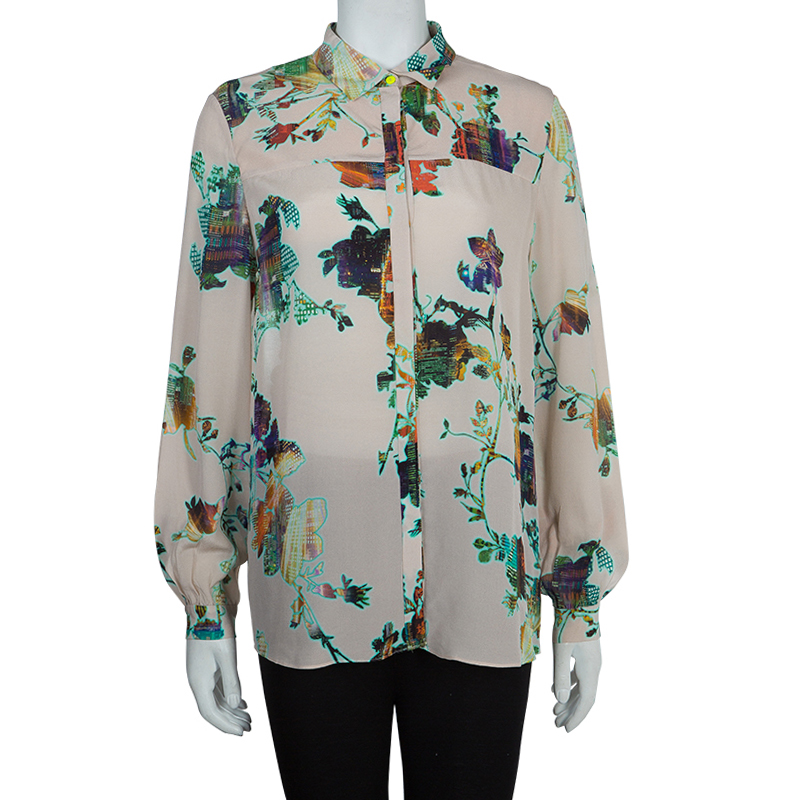 

Matthew Williamson Beige Floral Print Buttondown Long Sleeve Silk Shirt