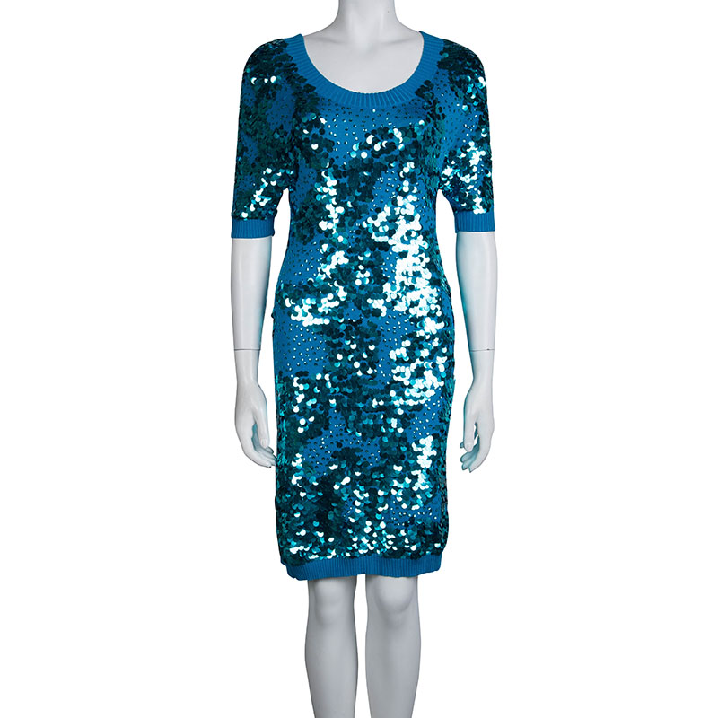 

Matthew Williamson Turquoise Silk Rib Knit Embellished Dress, Blue