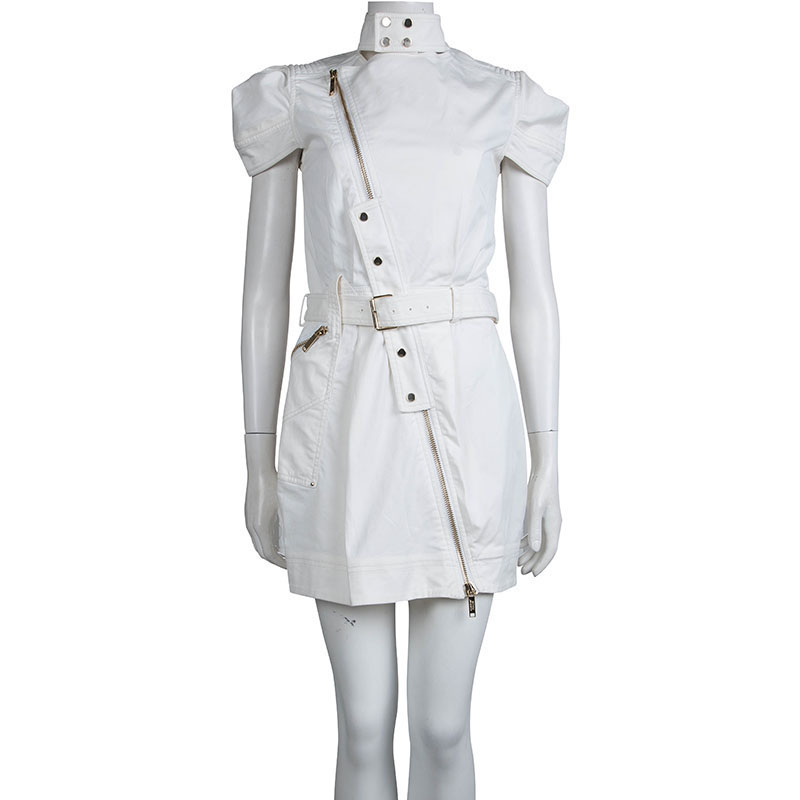 

Mathew Williamson White Denim Overlap Zipper Belted Dress