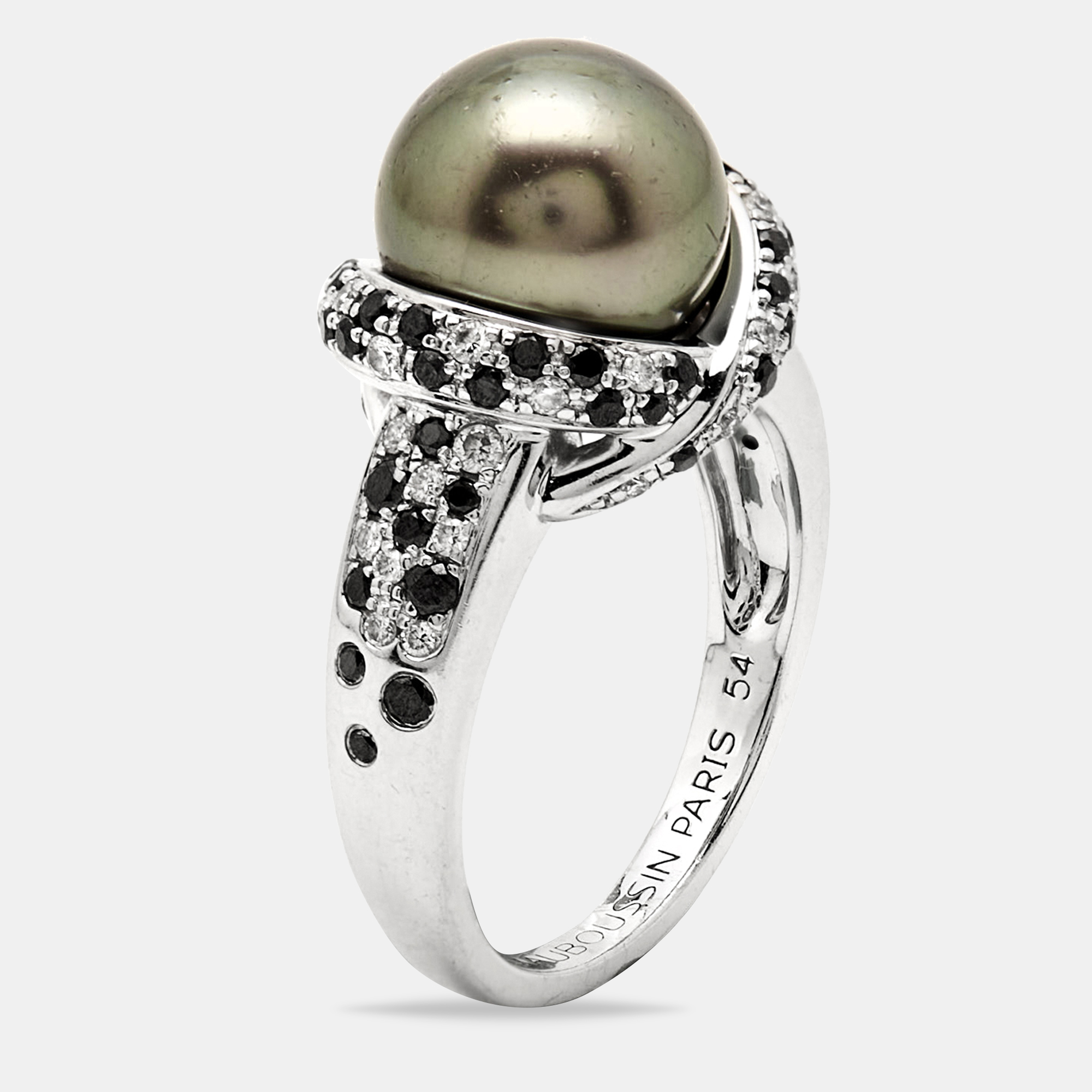 Pre-owned Mauboussin Perle Caviar Mon Amour Cultured Pearl Diamond 18k White Gold Cocktail Ring Size 54