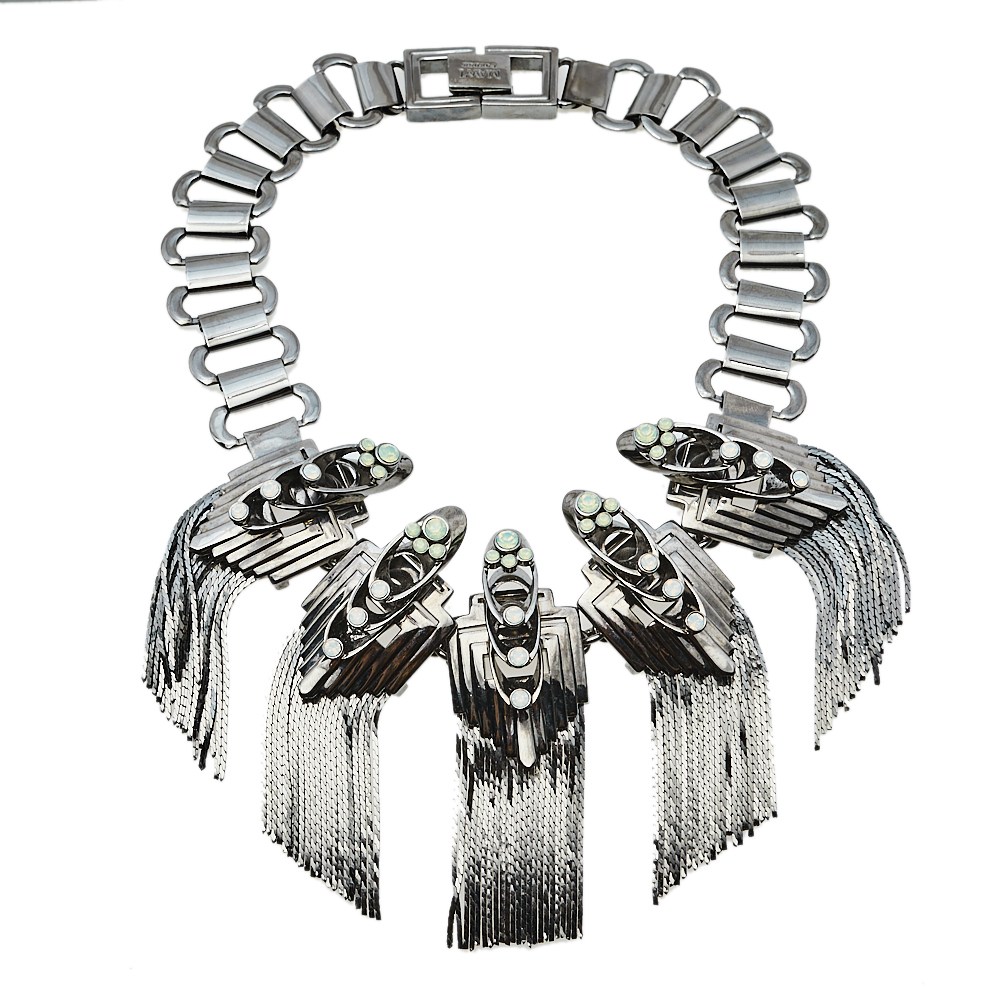 Pre-owned Mawi Gunmetal Tone Flapper Fringe Choker Necklace In Metallic