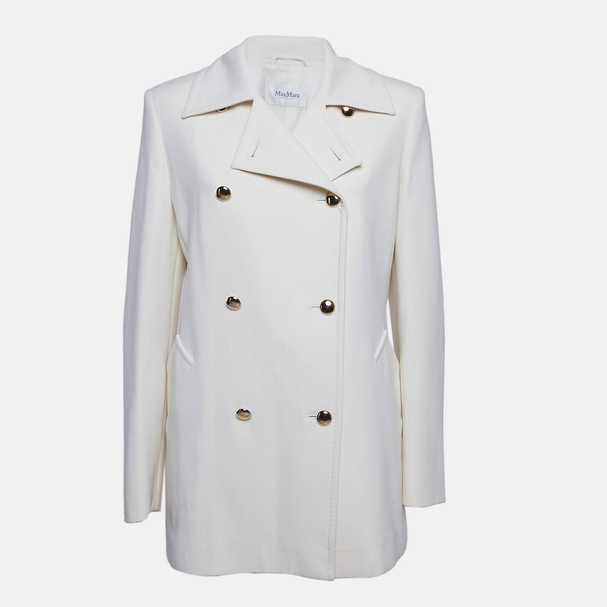 

Max Mara Off White Virgin Wool Double Breasted Rebus Coat L