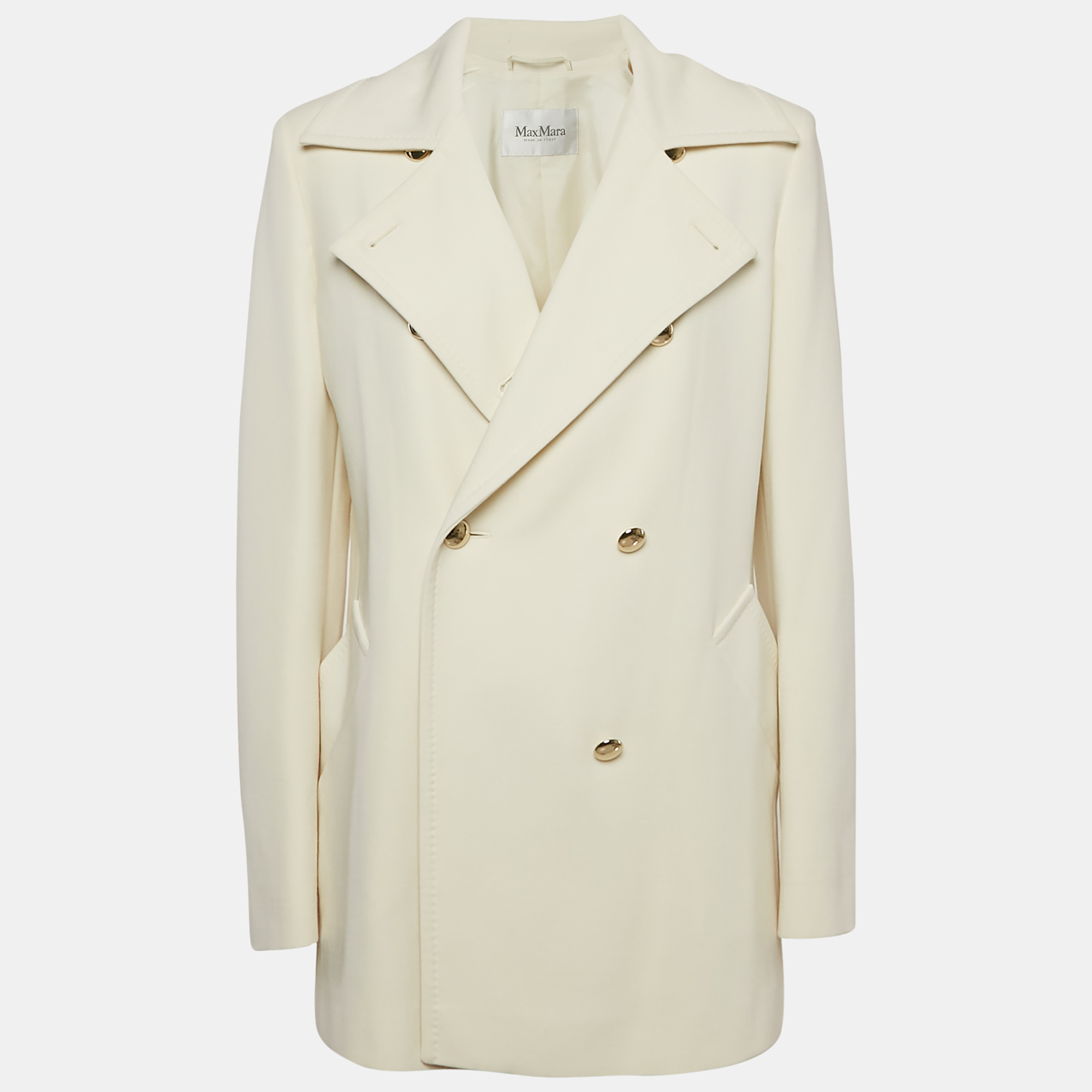 

Max Mara Ivory Wool Double Breasted Rebus Coat L, White