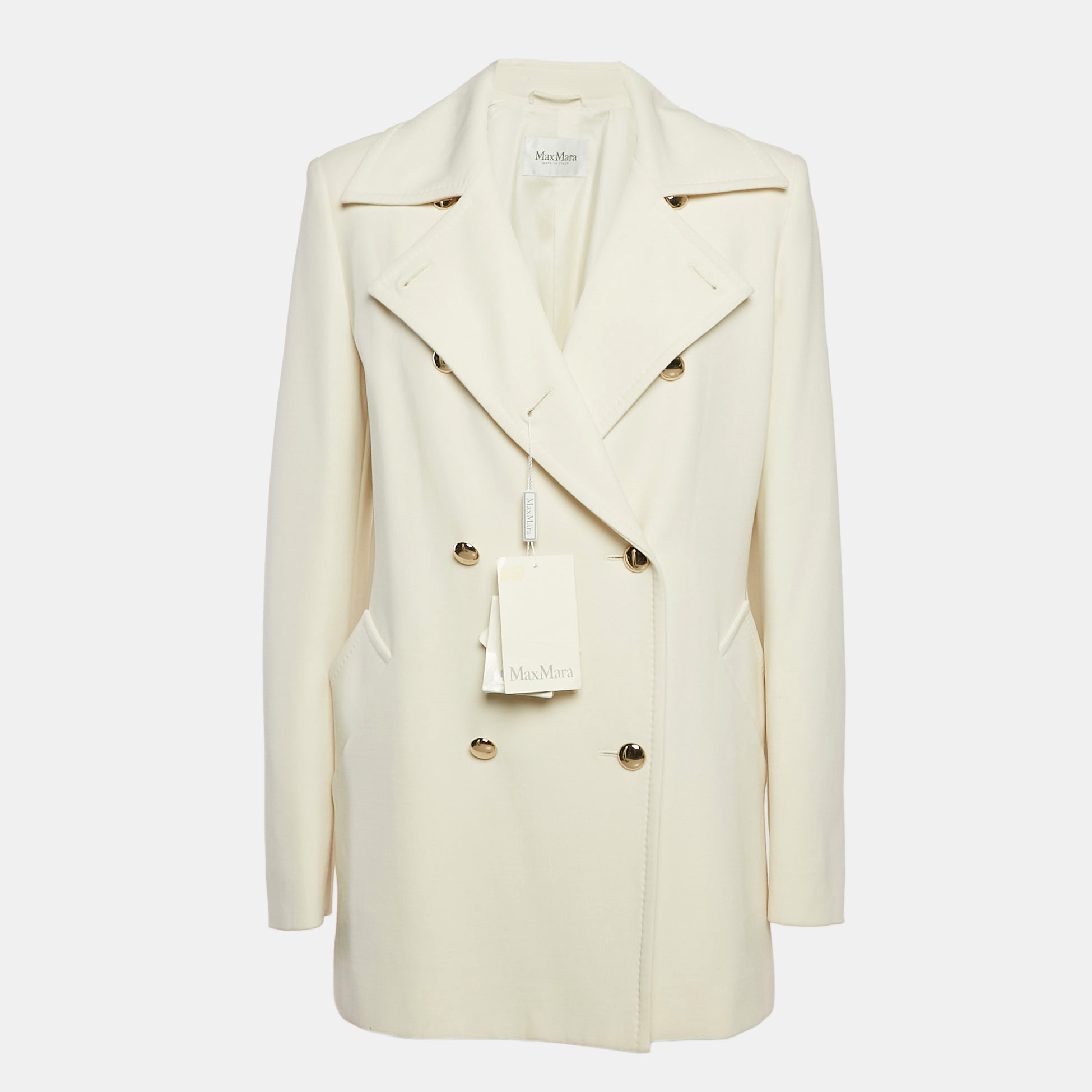 

Max Mara Ivory Wool Double Breasted Rebus Coat L, White