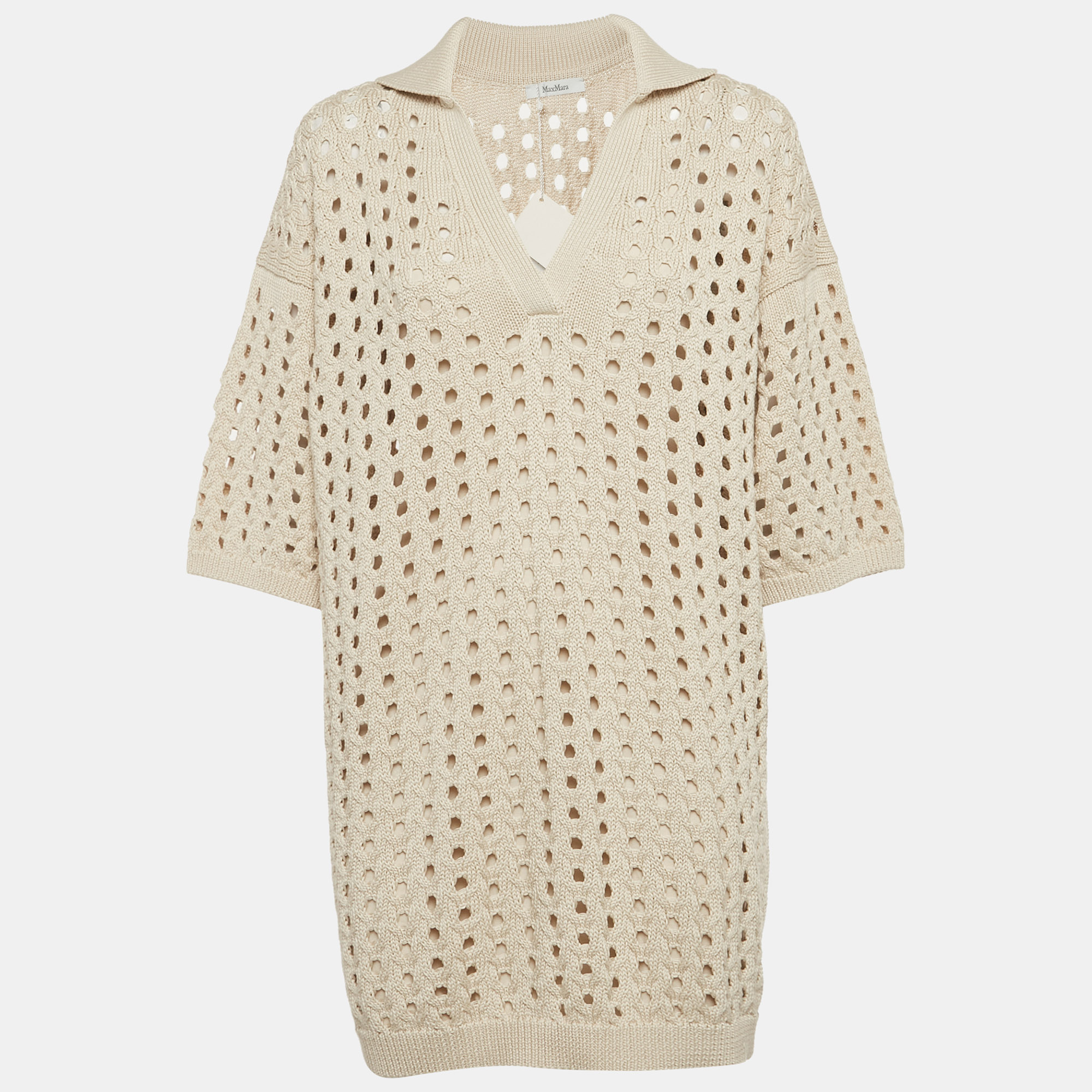 Pre-owned Max Mara Beige Knit Cut-out Urna Mini Dress M In Sand