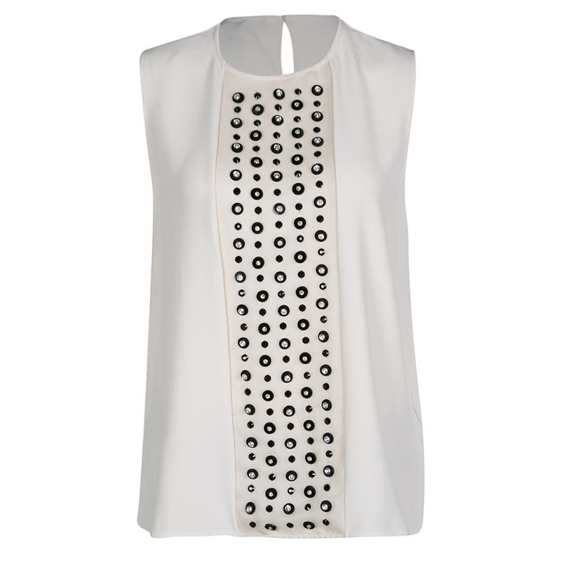 Pre Owned Max Mara Cream Contrast Embellished Sleeveless Top M