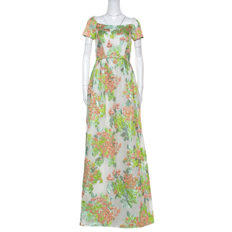 Pre Owned Max Mara White Floral Lurex Jacquard Danzica Maxi Dress S