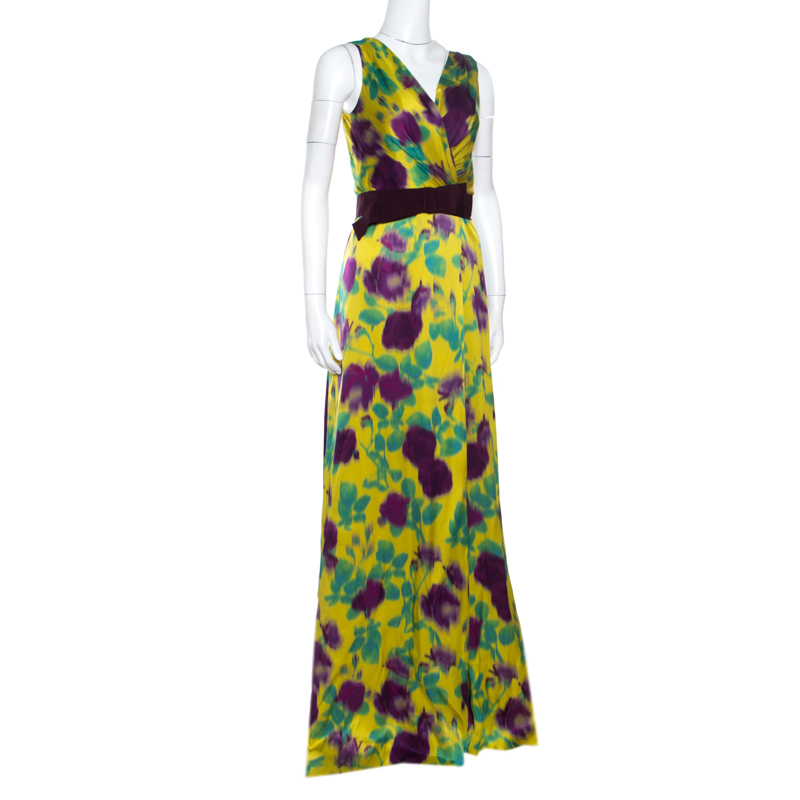 

Max Mara Yellow Printed Satin Belted Anson Dress