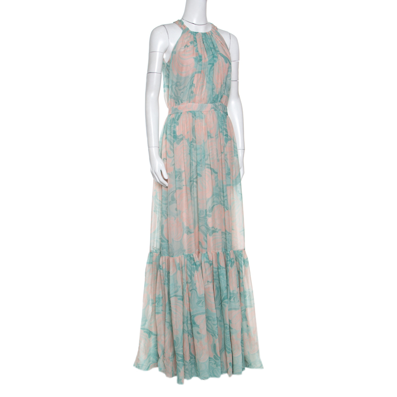 

Max Mara Blush Pink and Green Floral Printed Gathered Georgette Eritrea Dress