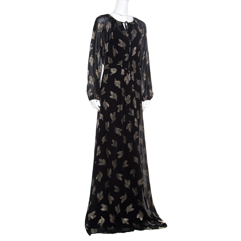 

Max Mara Black Lurex Leaf Patterned Golena Maxi Dress