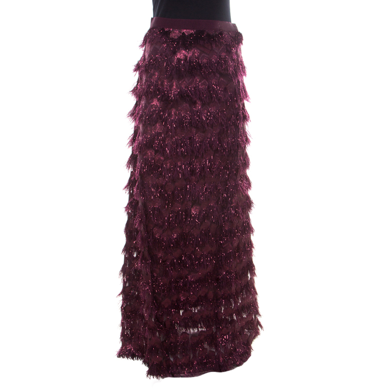 

Max Mara Purple Metallic Jacquard Faux Feather Fringed Maxi Skirt