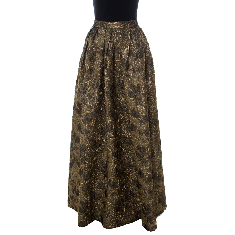 Pre Owned Max Mara Gold Floral Brocade Pleated Maxi Skirt M 