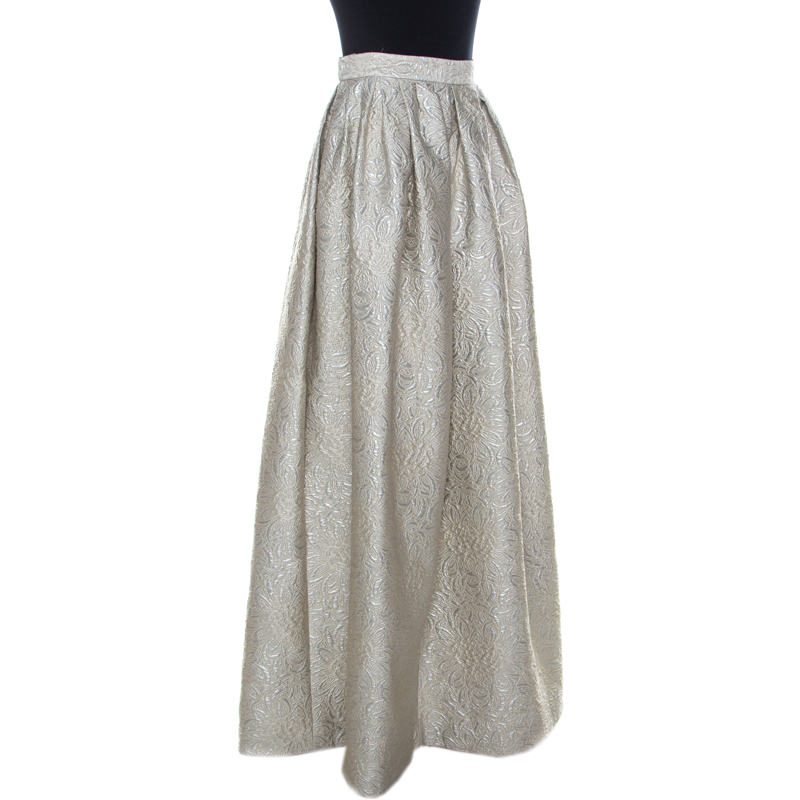 

Max Mara Cream Lurex Floral Pattern Jacquard Long Skirt