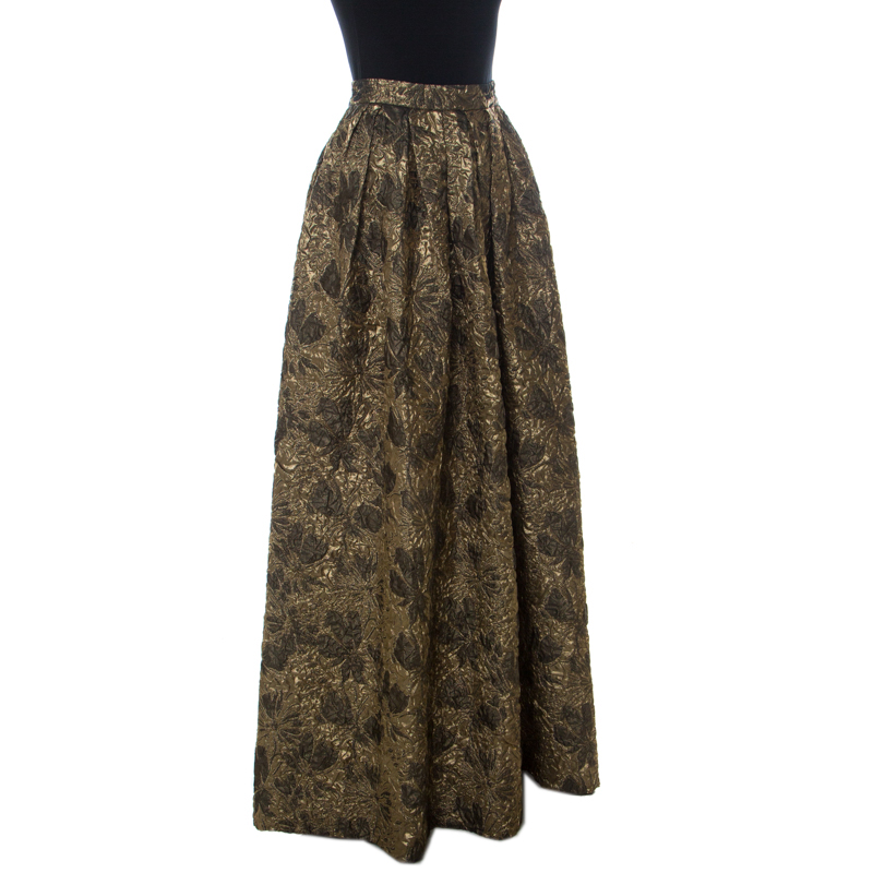

Max Mara Gold Floral Brocade Pleated Maxi Skirt