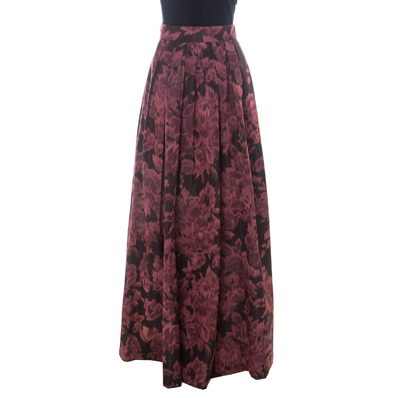 Pre Owned Max Mara Burgundy Printed Silk Maxi Skirt L