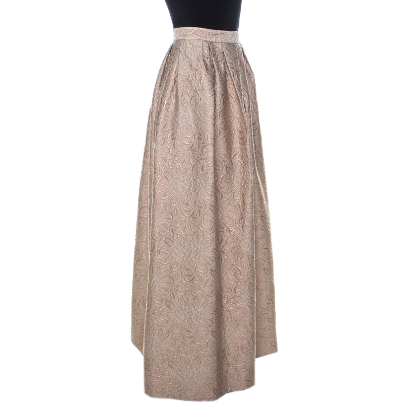

Max Mara Cream Lurex Floral Pattern Jacquard Long Skirt