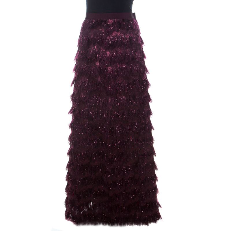 Max Mara Burgundy Metallic Jacquard Tinsel Fringed Maxi