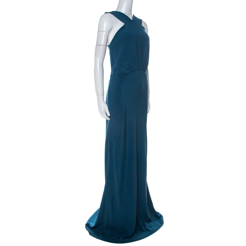 

Max Mara Pianoforte Teal Blue Cady Cut Out Detail Leo Maxi Dress