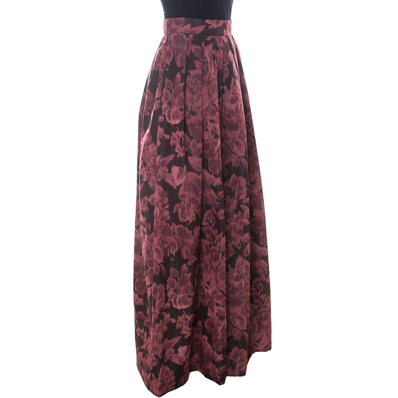 

Max Mara Red Printed Silk Pleated Maxi Skirt