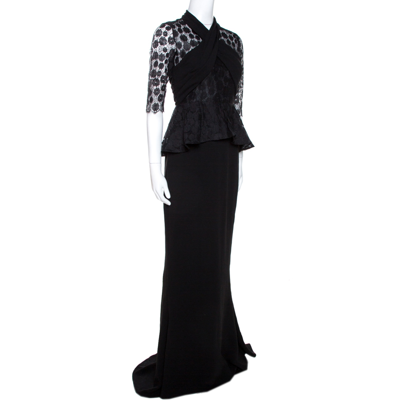 

Max Mara Black Crepe Lace Trim Peplum Maxi Dress