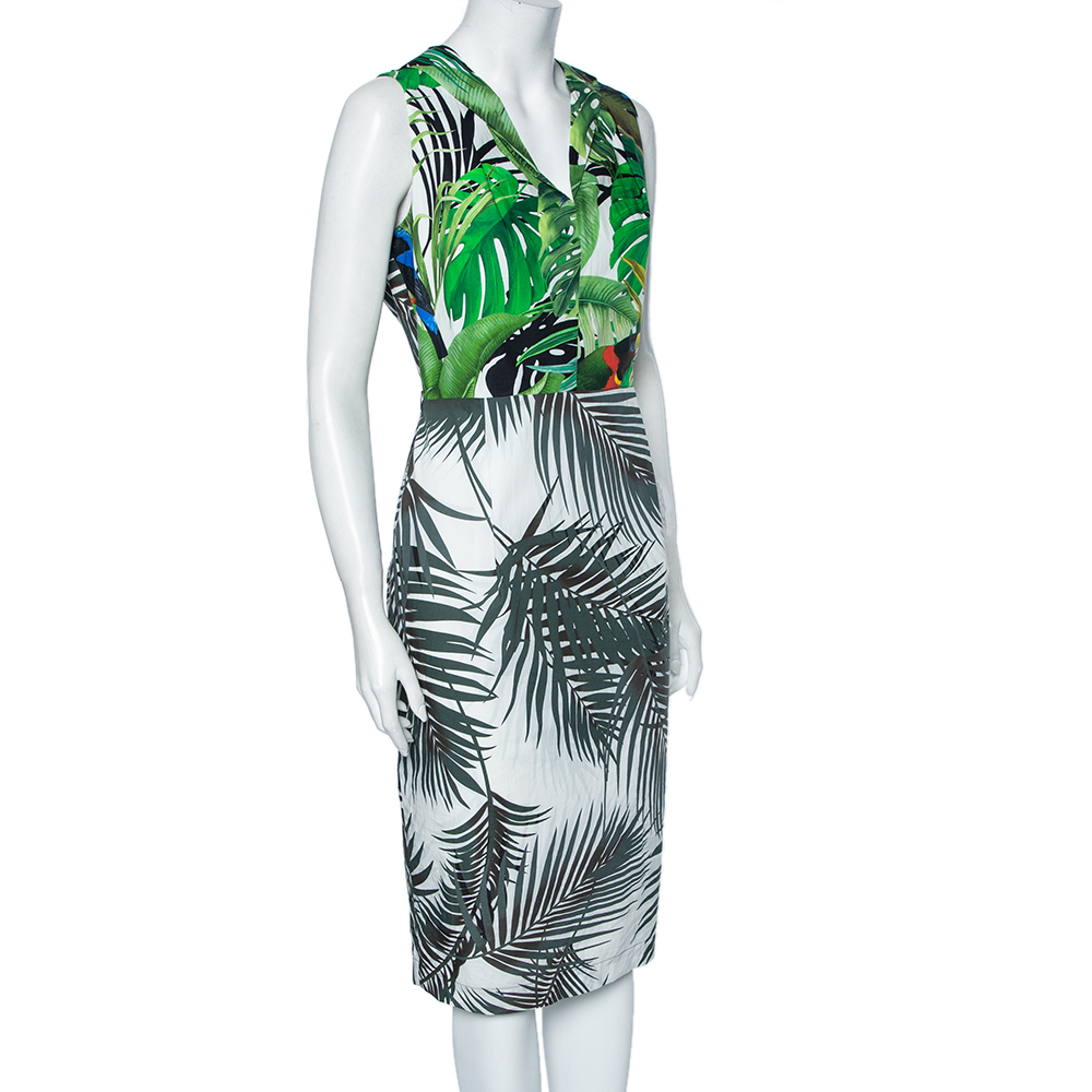 

Max Mara Green Tropical Printed Cotton Pleated Detailed Knee-Length Dress