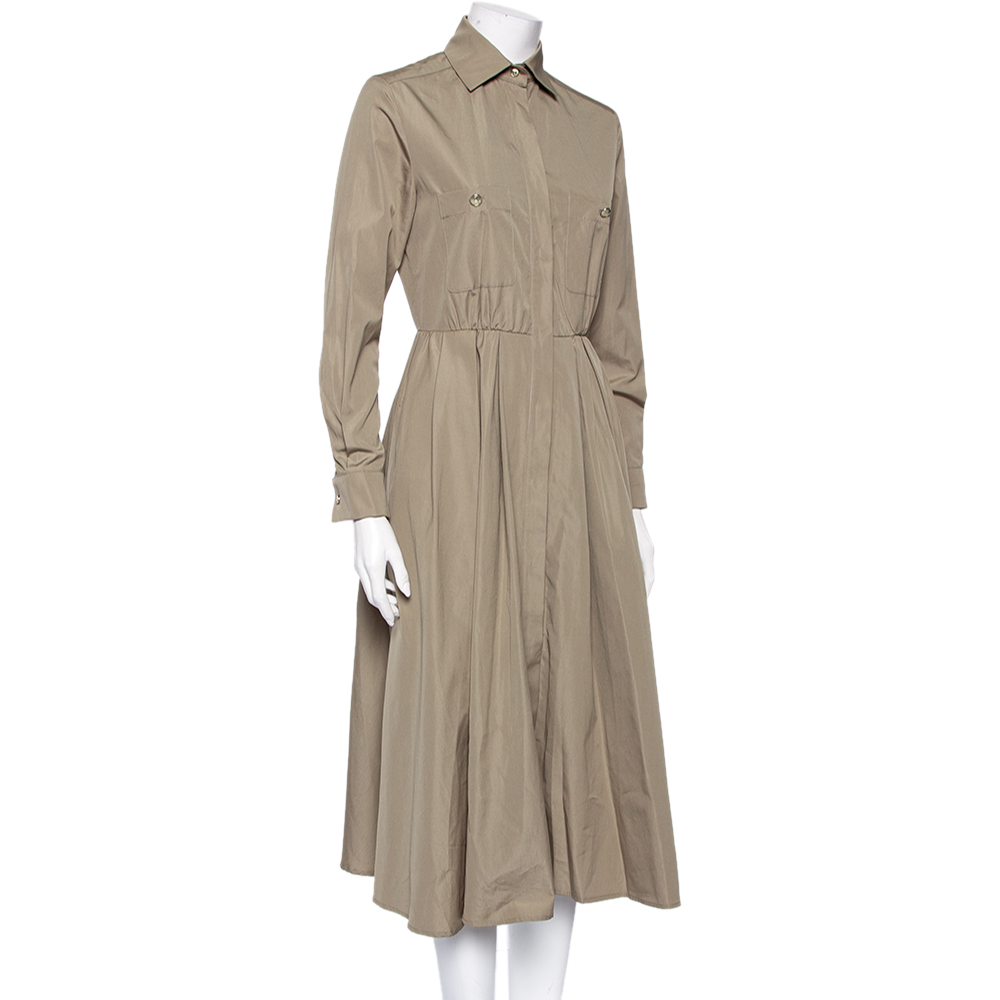 

Max Mara Khaki Brown Cotton Button Front Pleated Shirt Dress