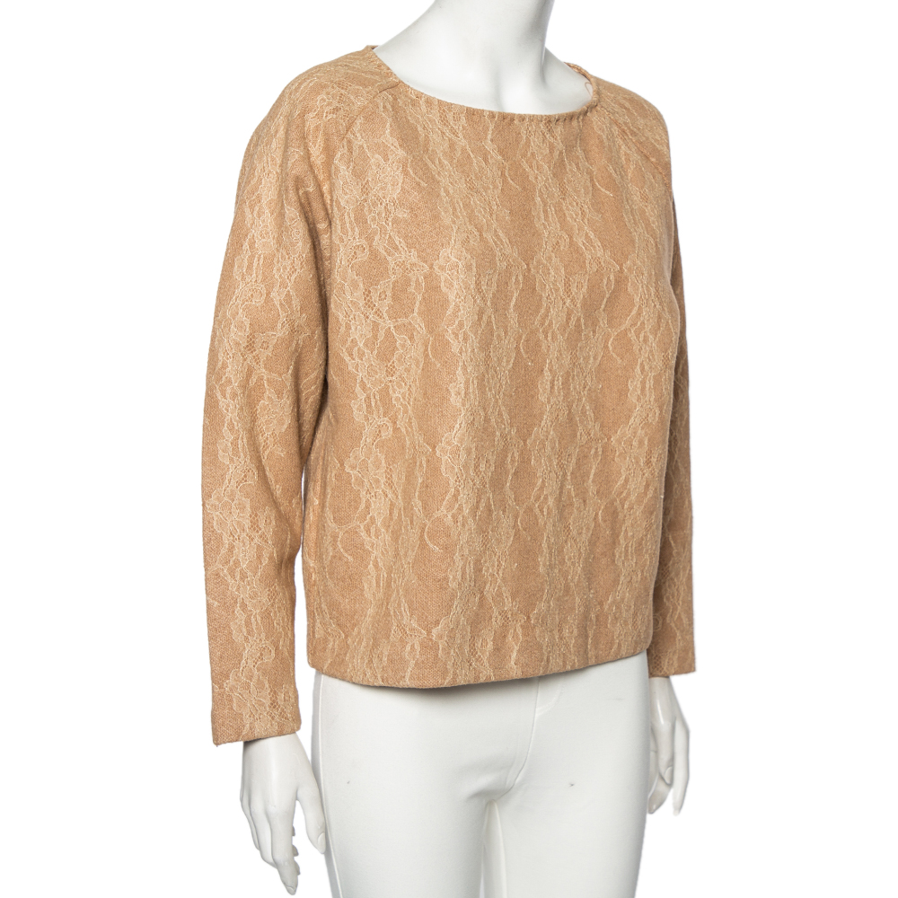 

Max Mara Camel Brown Wool Floral Lace Raglan Sleeve Liriche Top