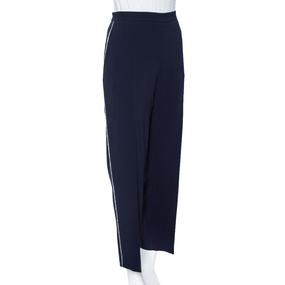 

Max Mara Navy Blue Crepe Embellished Trimmed Remo Pants