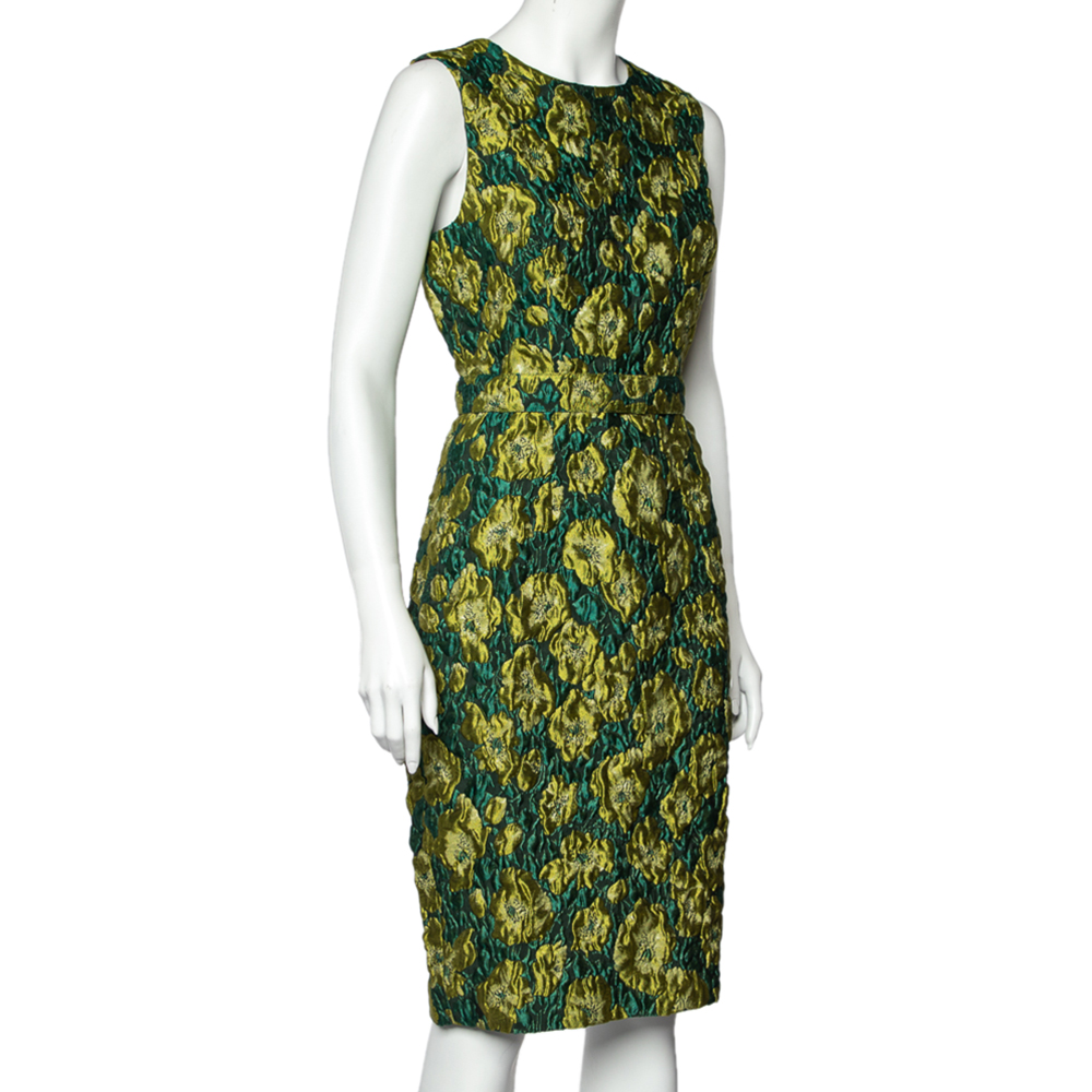 

Max Mara Green Floral Embossed Jacquard Belted Sleeveless Sheath Dress