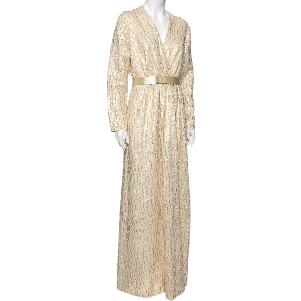 

Max Mara Gold Lurex Patterned Silk V-Neck Gathered Maxi Dress