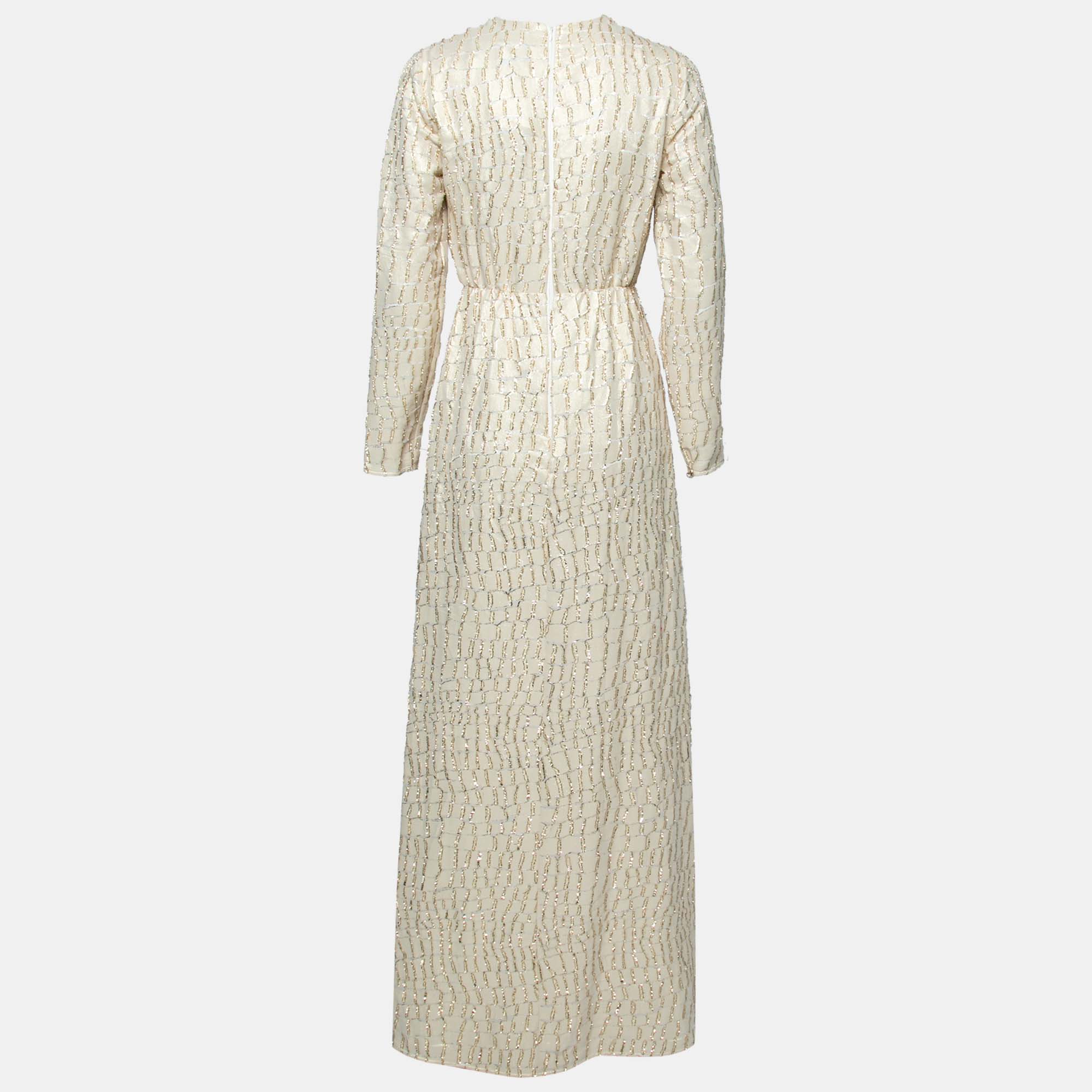 

Max Mara Gold Lurex Patterned Silk V-Neck Gathered Maxi Dress