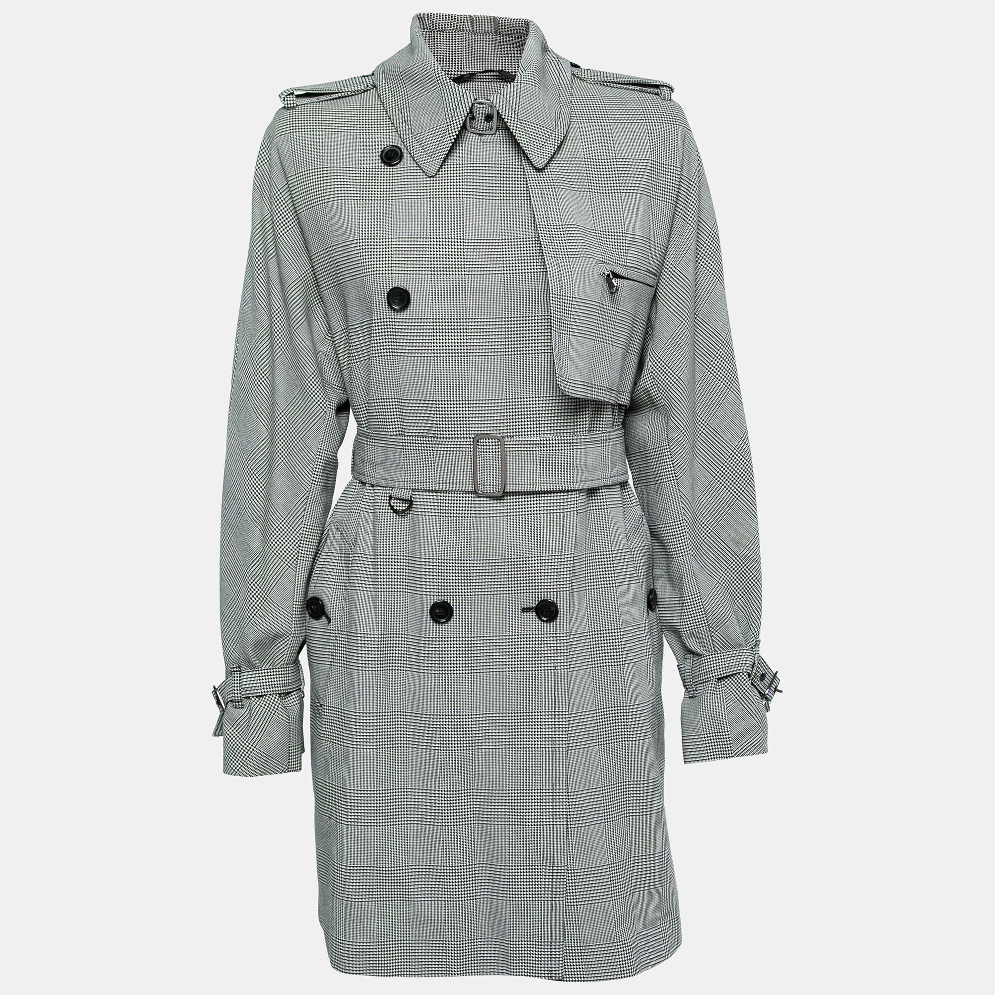 Pre Owned Max Mara Black Checkered Cotton Belted Trench Coat M