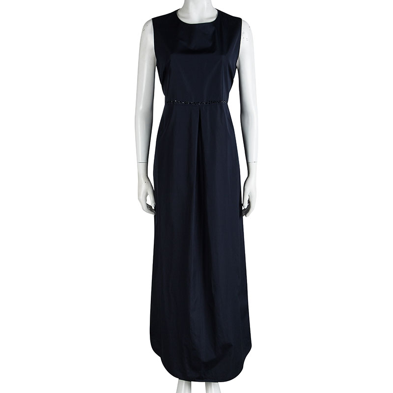 

S Max Mara Navy Blue Cotton Embellished Waist Detail Sleeveless Maxi Dress